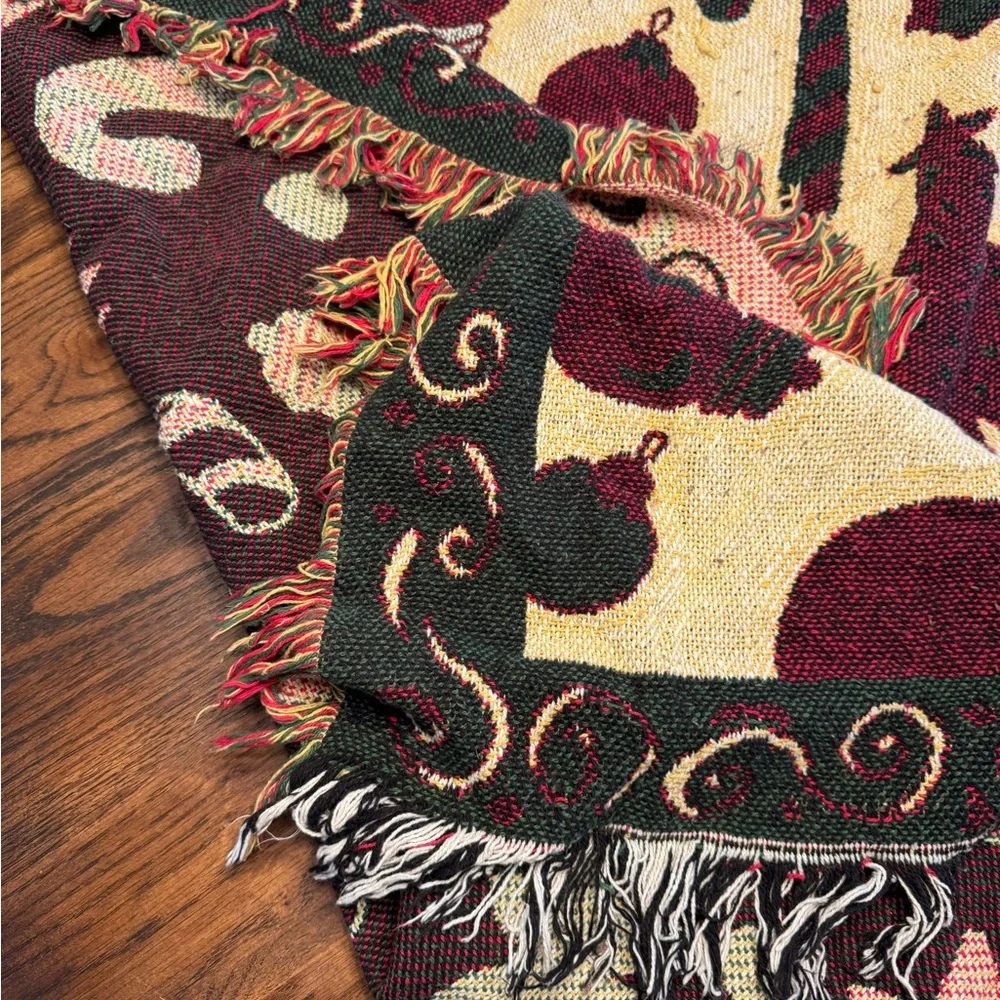 Festive Cream Holiday Throw Blanket with Red & Green Ornaments